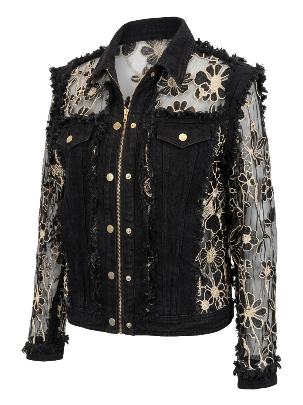 Adore Black Denim Jacket with Cream Floral Lace Sleeves